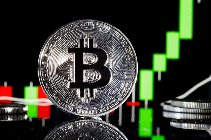 A visual representation of the digital Cryptocurrency, Bitcoin is on display in front of the Bitcoin course's graph