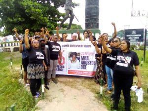 Women under the umbrella of Badagry Women Development Forum, an NGO, protesting the death of Abosede Oke in domestic violence in Magbon, Badagry. Lagos State on Tuesday. [NAN]