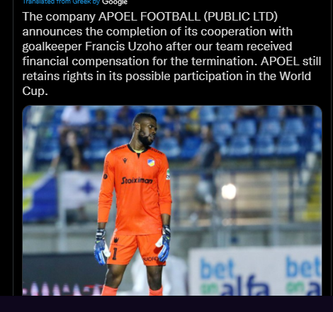 Cypriot club APOEL Nicosia FC terminates contract of Super Eagles goalkeeper Francis Uzoho