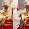 Ex President Obasanjo kneels before the new Olu of Warri at the thanksgiving service (Vanguard)