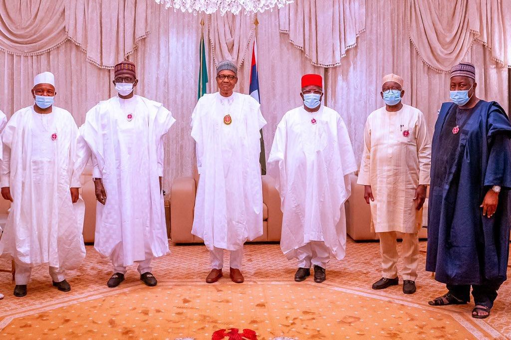 In the photo: President Muhammadu Buhari; Ebonyi State Governor, Dave Umahi; APC National Caretaker Committee Chairman and Yobe State Governor, Mai Mala Buni; Jigawa state Governor, Abubakar Badaru and Kebbi State Governor, Senator, Abubakar Atiku Bagu...