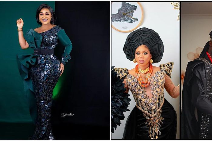 Mercy Aigbe with celebrity couple Toyin Lawani and Segun Wealth [Instagram/MercyAigbe] [Instagram/TiannahsPlaceEmpire]