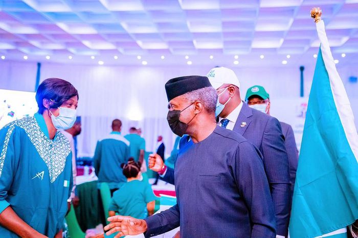 Vice President Yemi Osinbajo SAN on behalf of President Buhari unveils Team Nigeria's 2021 Olympic Kit and attends the send forth ceremony for the athletes en-route the 2021 Tokyo Olympic Games at the State House Banquet Centre, Abuja. 12th July, 2021....