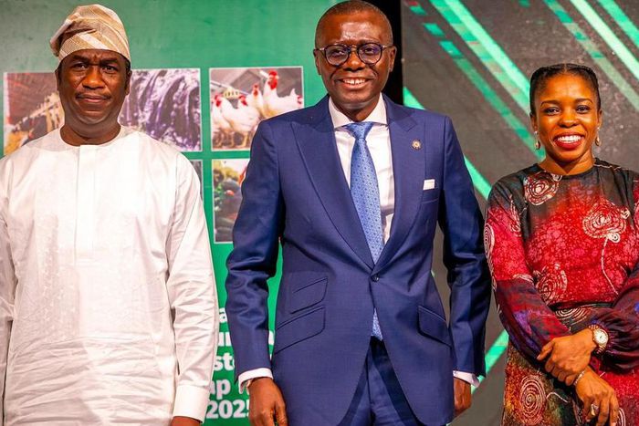 L-R: Deputy Governor, Lagos State, Dr Obafemi Hamzat, Lagos State Governor, Mr Babajide Sanwo-Olu and Commissioner for Agric, Ms Olusanya during the unveiling of the five-year Agricultural and Food Systems Roadmap on Thursday, April 22, 2021. [Twitter/...