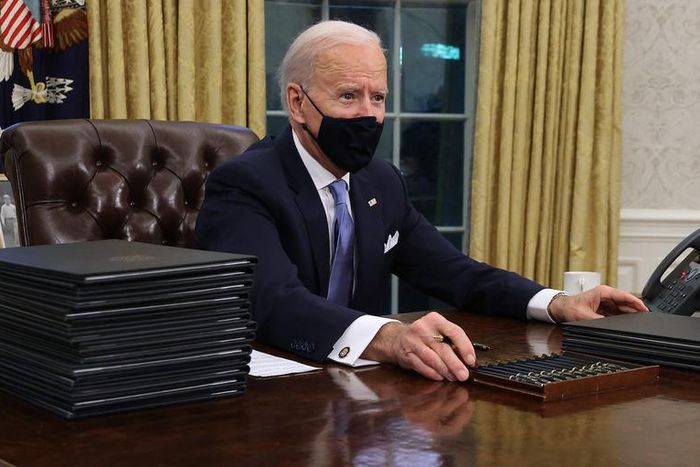 President Joe Biden in the Oval Office after his inauguration on January 20, 2021.