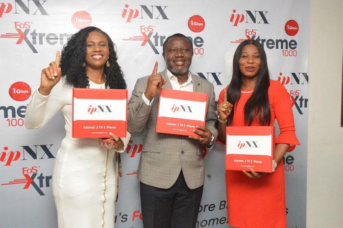 L-R Uche Nnakenyi, Divisional CEO, ipNX Infrastructure, Kene Eneh, Divisional CEO, ipNX Retail, Segun Okuneye, Divisional CEO, ipNX Business at the Launch of ipNX Xtreme 1000 Mbps.