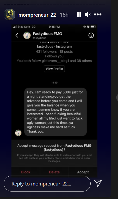Model exposes chat with married man who offered half a million naira for sex. [Instagram/mompreneur22]
