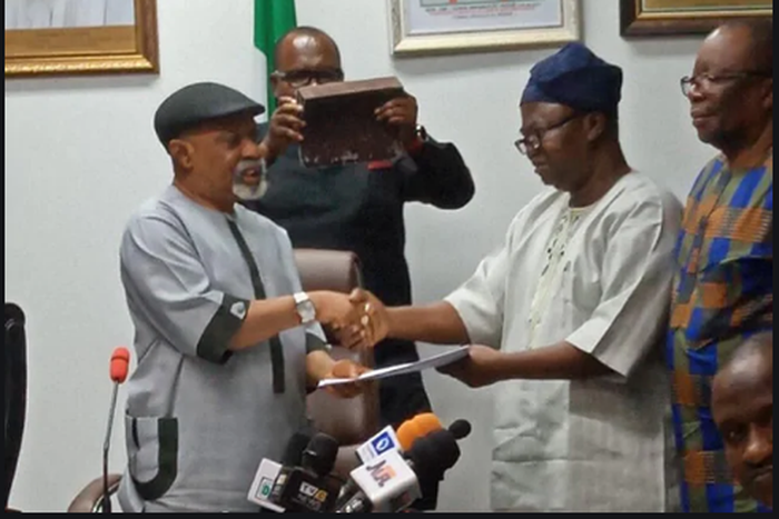 Minister of Labour and Emplyment, Dr Chris Ngige and the President of the Academic Staff Union of Universities, Prof Biodun Ogunyemi. (Legit).