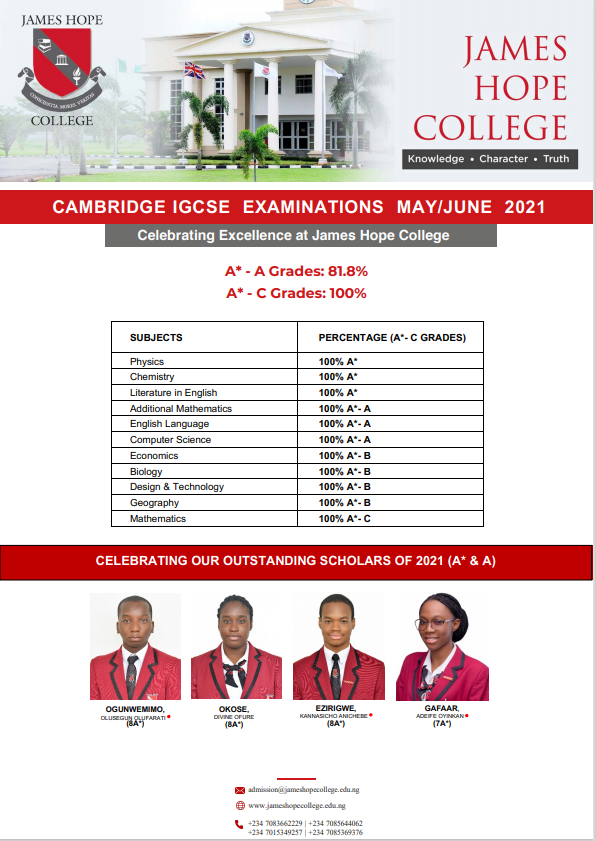 James Hope College stands out with an impressive academic performance in the May/June 2021 Cambridge IGCSE results