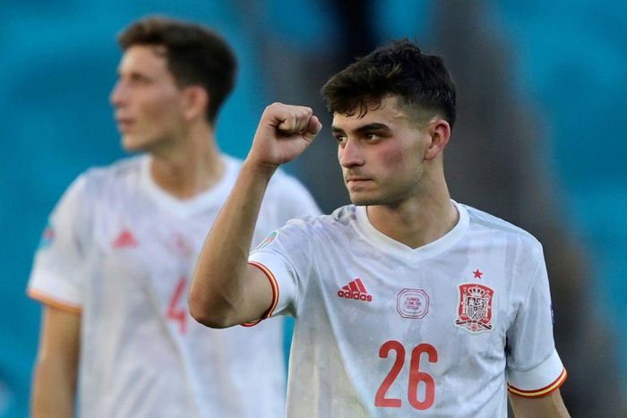Spain midfielder Pedri celebrates during the 5-0 win over Slovakia on Wednesday