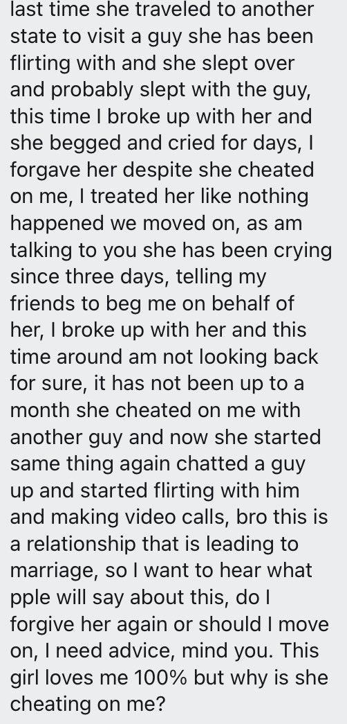 “This girl loves me 100% but why is she cheating on me?” – Frustrated man asks