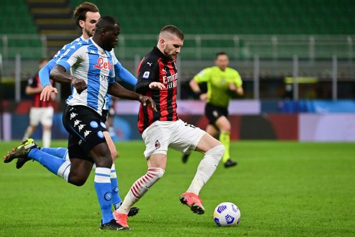 AC Milan forward Ante Rebic (C) was sent off late against Napoli in the San Siro