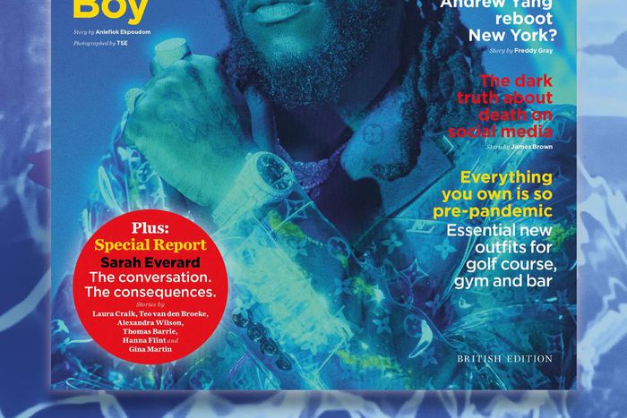 Burna Boy wearing a clear Louis Vuitton suit on the cover on GQ {twitter/britishGQ}