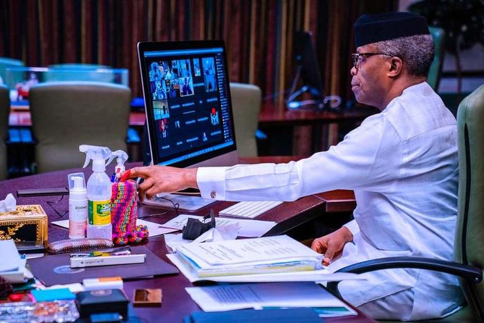 Vice President Yemi Osinbajo SAN virtually presides over the National Economic Council Meeting in the State House, Abuja. 21st January 2021. [Twitter/Tolani Alli]
