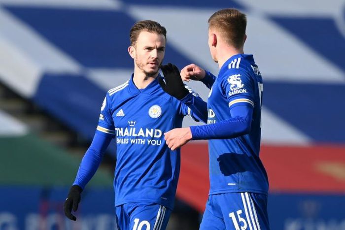 Leicester midfielder James Maddison (L) celebrates with Harvey Barnes