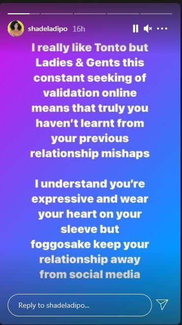 Shade Ladipo's comment about Tonto Dikeh's relationship [Instagram/ShadeLadipo]