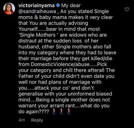 Victoria Inyama slams Sandra Iheuwa over perceived demeaning comments on single mums [Instagram/SandraIheuwa]