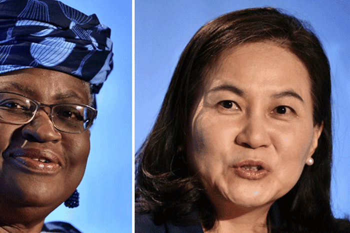 A photo combination of Nigeria’s Dr Ngozi Okonjo-Iweala (L) and South Korean Trade Minister, Yoo Myung-hee (R). Both women are in the running to lead the World Trade Organisation.Fabrice COFFRINI / AFP