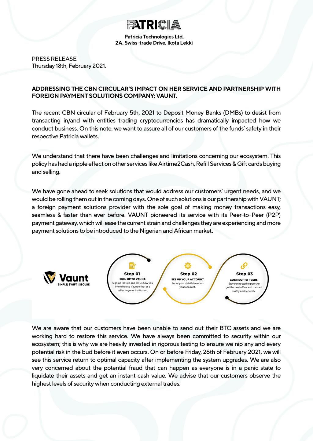 Patricia addresses CBN circular’s impact on her services and partnership with foreign payment solutions company; Vaunt