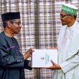 Professor Itse Sagay and President Muhammadu Buhari when the president appointed him as the Chairman of the Presidential Advisory Committee Against Corruption (PACAC). (PMNews)