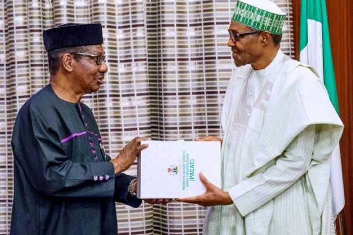 Professor Itse Sagay and President Muhammadu Buhari when the president appointed him as the Chairman of the Presidential Advisory Committee Against Corruption (PACAC). (PMNews)