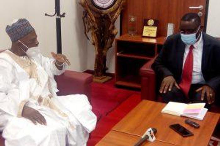 Sen. Abdullahi Adamu interacting with Tanzanian High Commissioner to Nigeria, Mr Benson Bana.