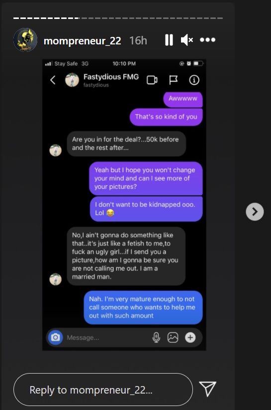 Model exposes chat with married man who offered half a million naira for sex. [Instagram/mompreneur22]