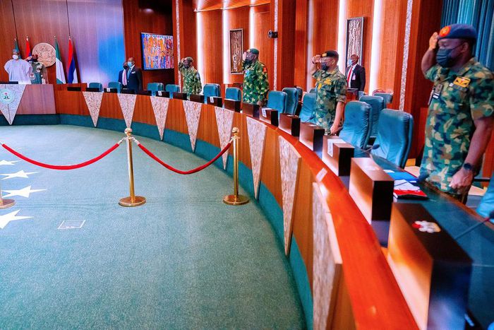 President Muhammadu Buhari presides over the National Security Council meeting, just hours after release of Jangebe schoolgirls. [Presidency]