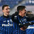Matteo Pessina (C) and Duvan Zapata (R) celebrate scoring in Bergamo