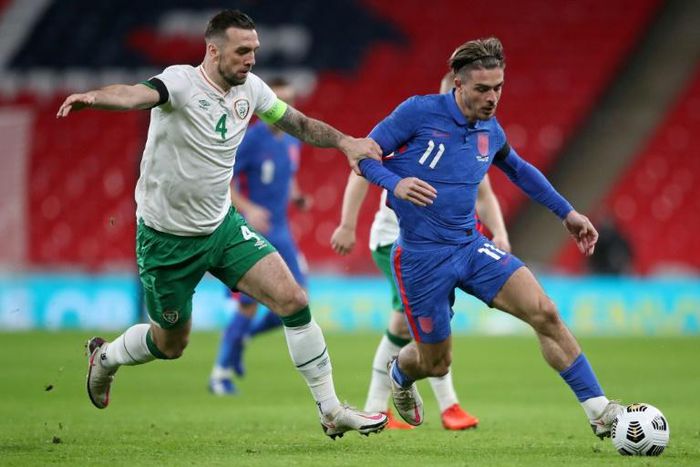 Jack Grealish (in blue) made a positive impression against  Ireland in midweek and may start for England against Belgium on Sunday