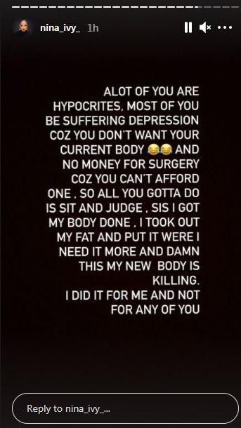 Nina comes for those criticising her for going under the knife [Instagram/NinaIvy]