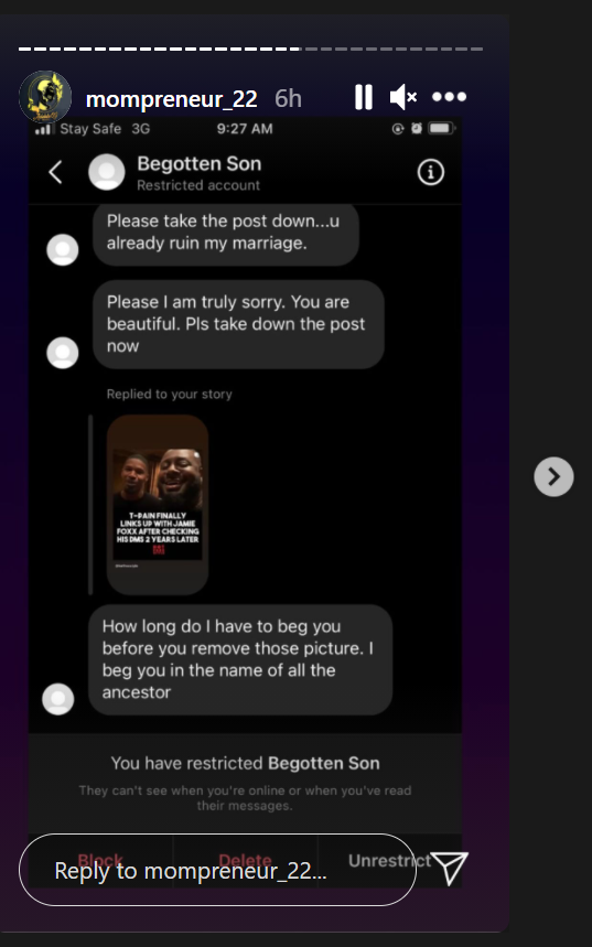 Model exposes chat with married man who offered half a million naira for sex. [Instagram/mompreneur22]