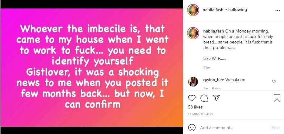 Nabila Fash shares shocking post on Instagram [Instagram/NabilaFash]