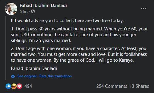 “It’s foolishness to have one woman” – Man with "25 years’ marriage experience"