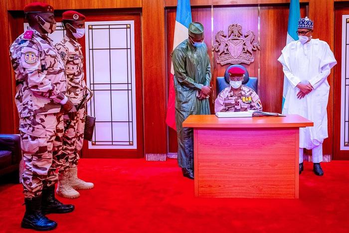 President Muhammadu Buhari meets with Gen. Mahamat Idriss Deby, President of Chad’s Transitional Military Council. [Presidency]