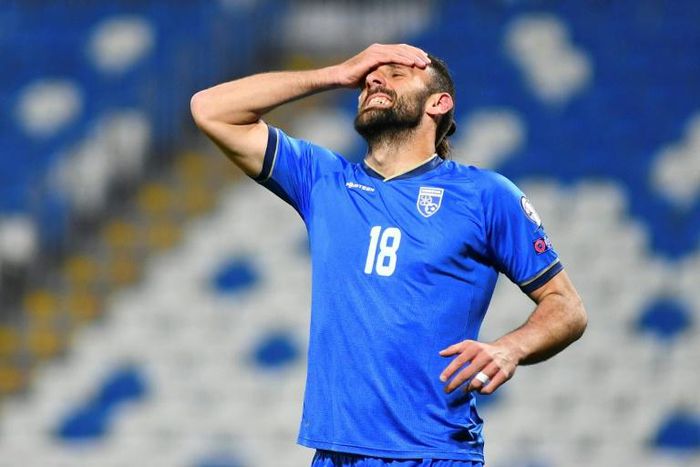 Vedat Muriqi of Kosovo, whose team play Spain on Wednesday in a World Cup qualifier overshadowed by a diplomatic spat