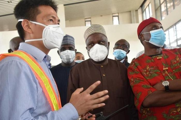 Minister of Transportation, Rotimi Amaechi with the Project Manager of CCECC, Mr Xia Lijun during the inspection of construction works on the Lagos-Ibadan Standard Gauge. [Twitter/@MinTransportNG]