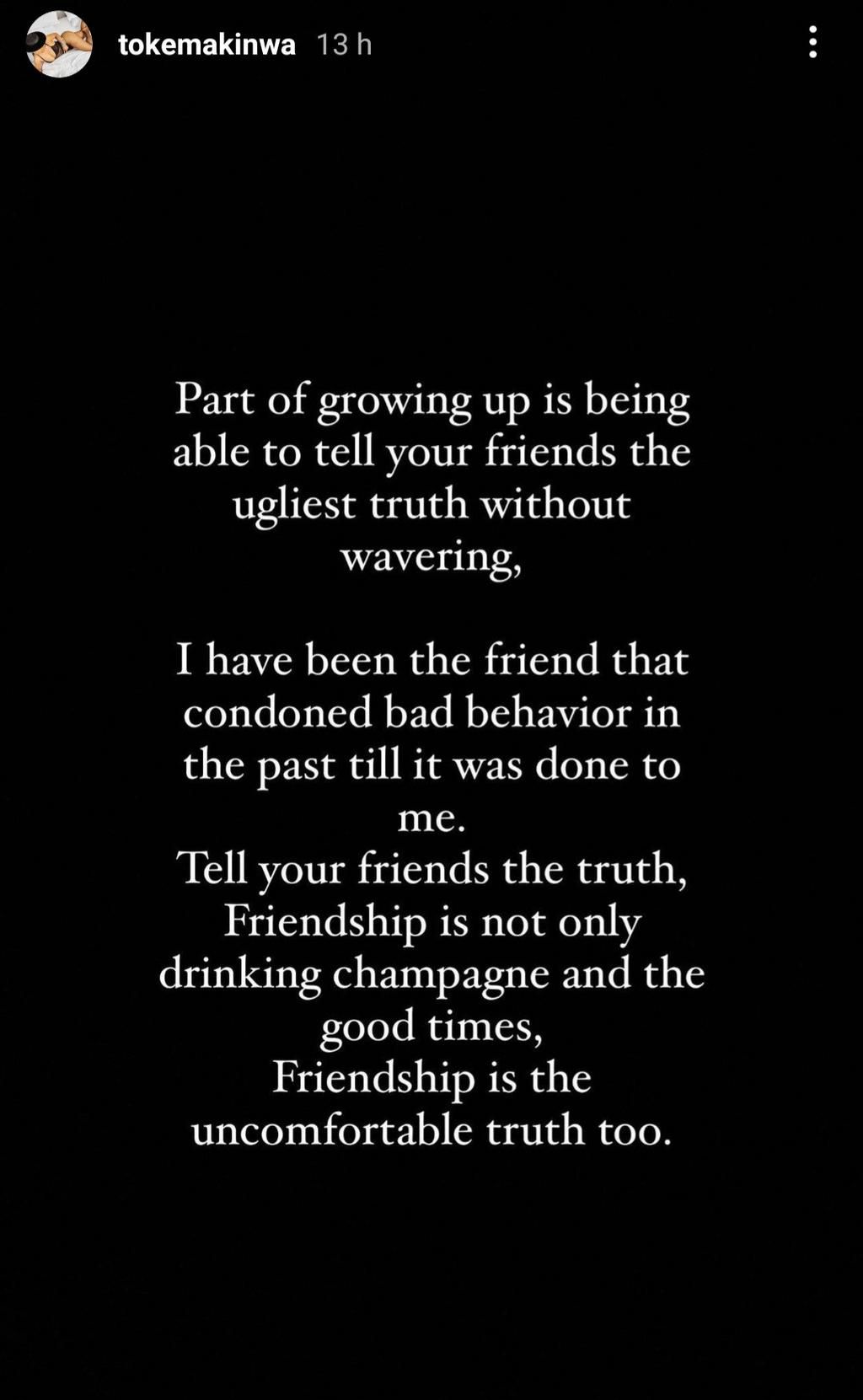 Toke Makinwa giving her two cents on sincere friendship [Instagram/TokeMakinwa]