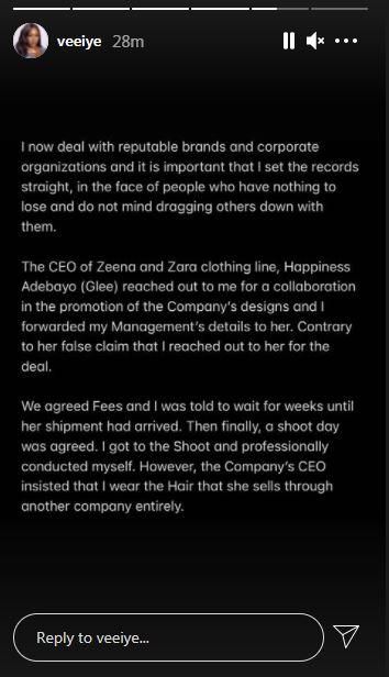 Vee narates her side of the story [Instagram/VeeIye]