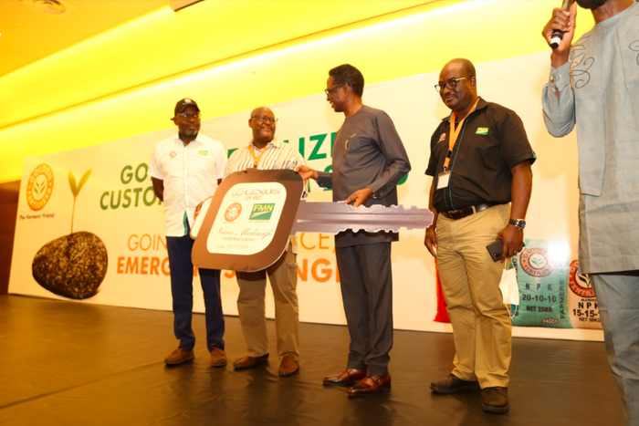 From Left: Mr. Boye Olusanya (Group COO, FMN)Alhaji NURA MAKARFI (Golden Fertilizer Key Dealer, Kaduna) – Grand Prize Winner Mr. Paul M. Gbededo (Group Managing Director, FMN)Engr. Olusegun Falade (GM Golden Fertilizer / Head Golden Agri Inputs – FMN)
