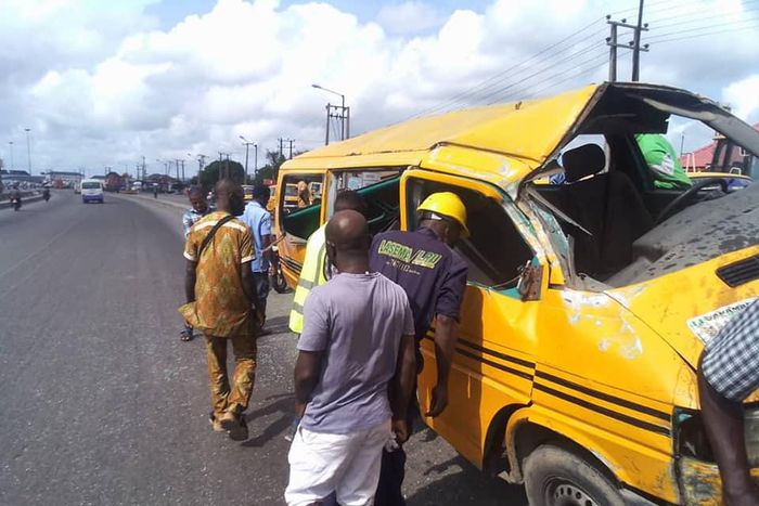 The danfo bus involved in the accident at Odo-Olowu, Apapa-Oshodi Expressway on April 30, 2021 [LASEMA]