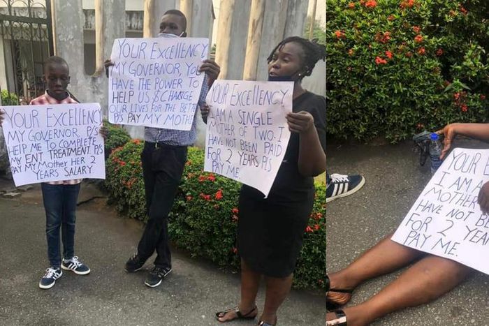 Nigerian magistrate & 2 sons protest over her 2 years' salary arrears
