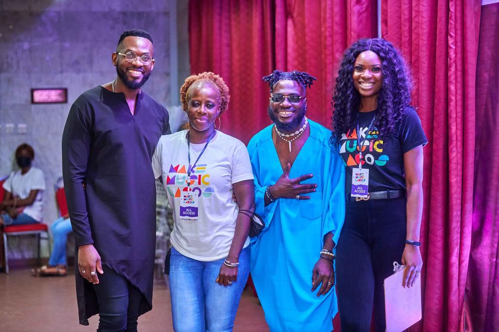 L-R: UK-Based RnB Singer, David B; Member, Organizing Committee, Make Music Lagos, Schullz; Winner, MTN Y’ello Star, Season 1, Dotti and Managing Director and Lead Creative Head, IPC Events, Mosunmola Akinwamide, at the Shutdown Concert of Make Music ...