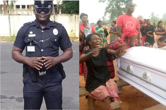 Police officer buried jointly with mother, his father who had accident is in hospital bed