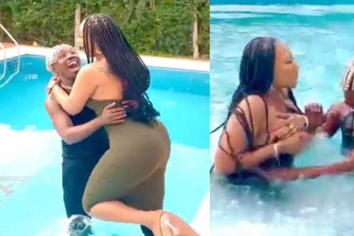 Dancegod Llyod and Hajia 4 Real fall in swimming pool