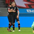 Algerian Ramy Bensebaini (R) shows his disappointment after Borussia Moenchengladbach lost to Bayer Leverkusen