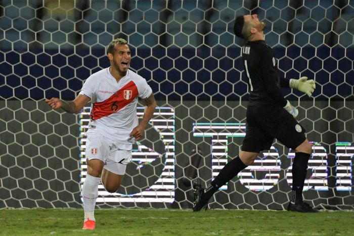 Peru's Miguel Trauco celebrates after scoring the decisive goal in Peru's penalty shoot-out victory over Paraguay in the Copa America quarter-finals