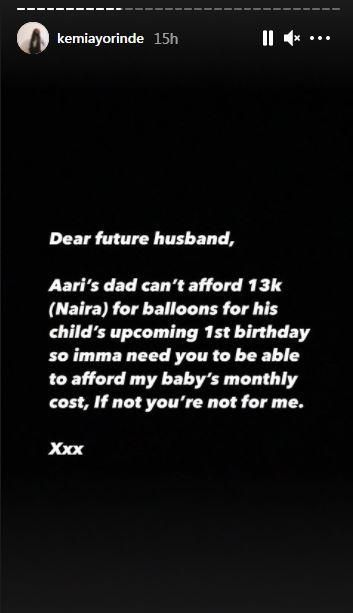 Ayoriunde claims the singer is unable to buy balloons for their son's upcoming birthday party. [Instagram/KemiAyoriunde]