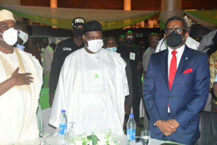 L-R: Chairman, Governing Board, National Lottery Regulatory Commission, Abdulfatai Ibikunle; Minister of Special Duties and Intergovernmental Affairs, Dr George Akume, and Director General, National Lottery Regulatory Commission, Lanre Gbajabiamila at ...