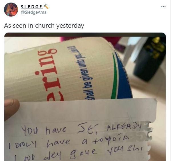 “You have Jet, I only have Toyota” – Man leaves note in church's offering bowl